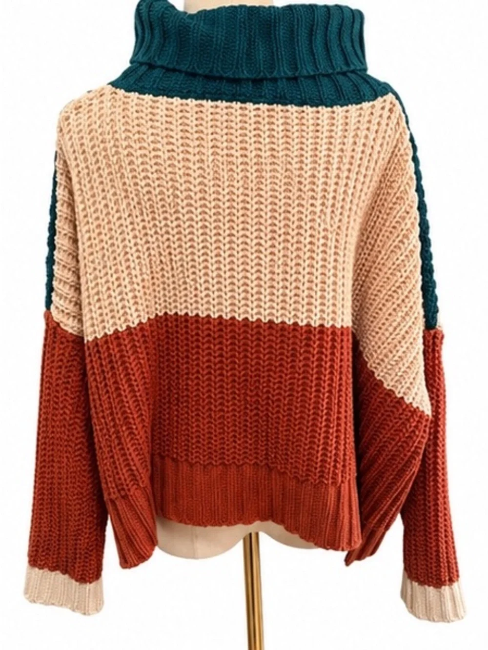 POL Oversized Chunky Knit Color Block Turtleneck Sweater Teal Cream Rust Medium